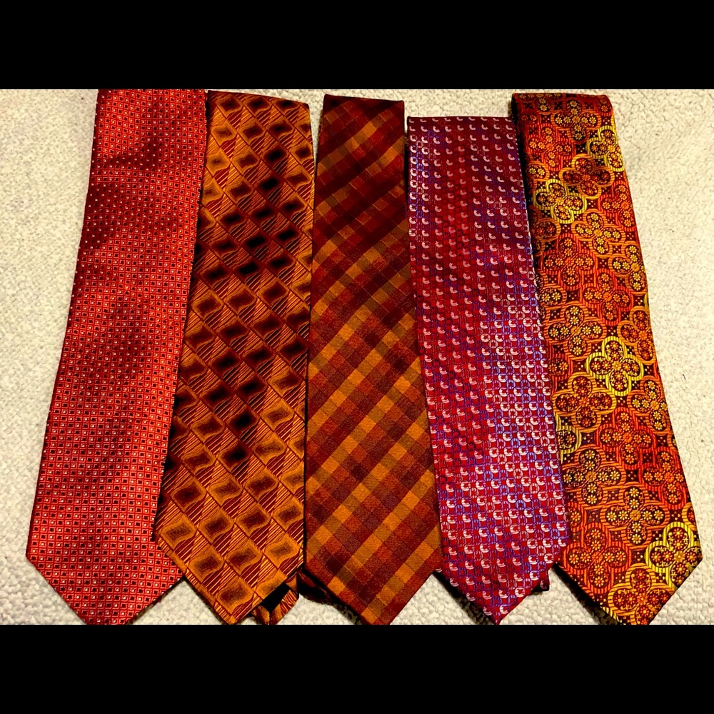 Five mens silk neck ties in shades of red